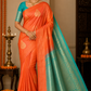 Kanjivaram Borderless Saree – Sunset Orange & Aqua Green with Rich Zari