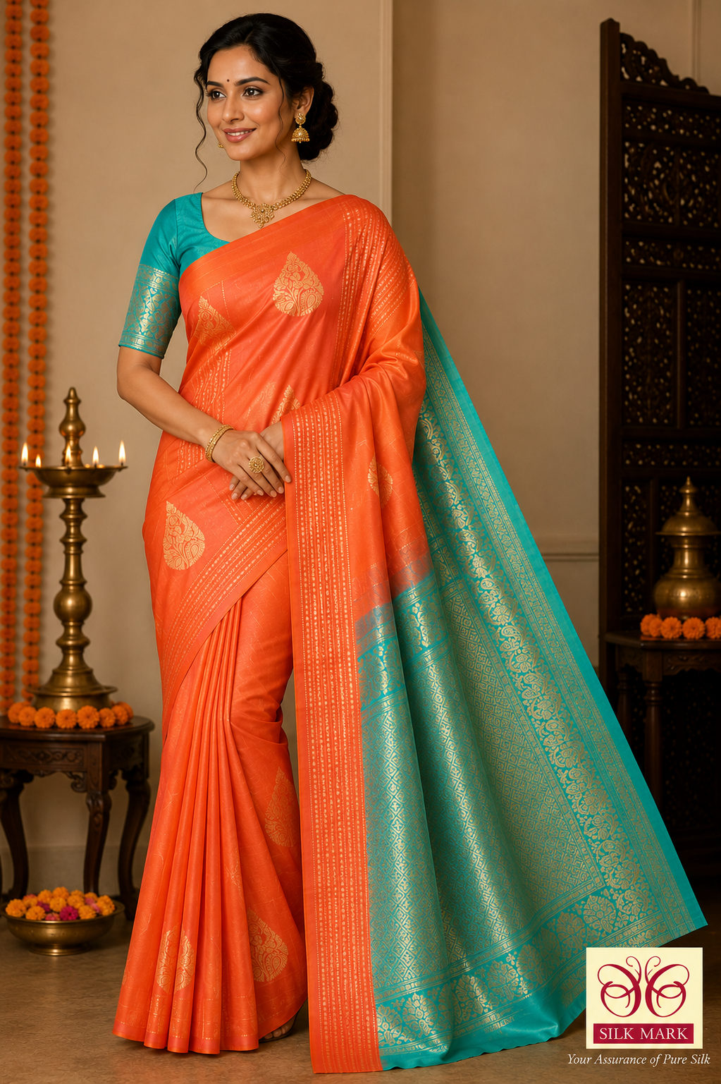 Kanjivaram Borderless Saree – Sunset Orange & Aqua Green with Rich Zari