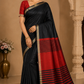 Premium Raw Silk Saree – Midnight Black with Vermilion Red Striped Pallu