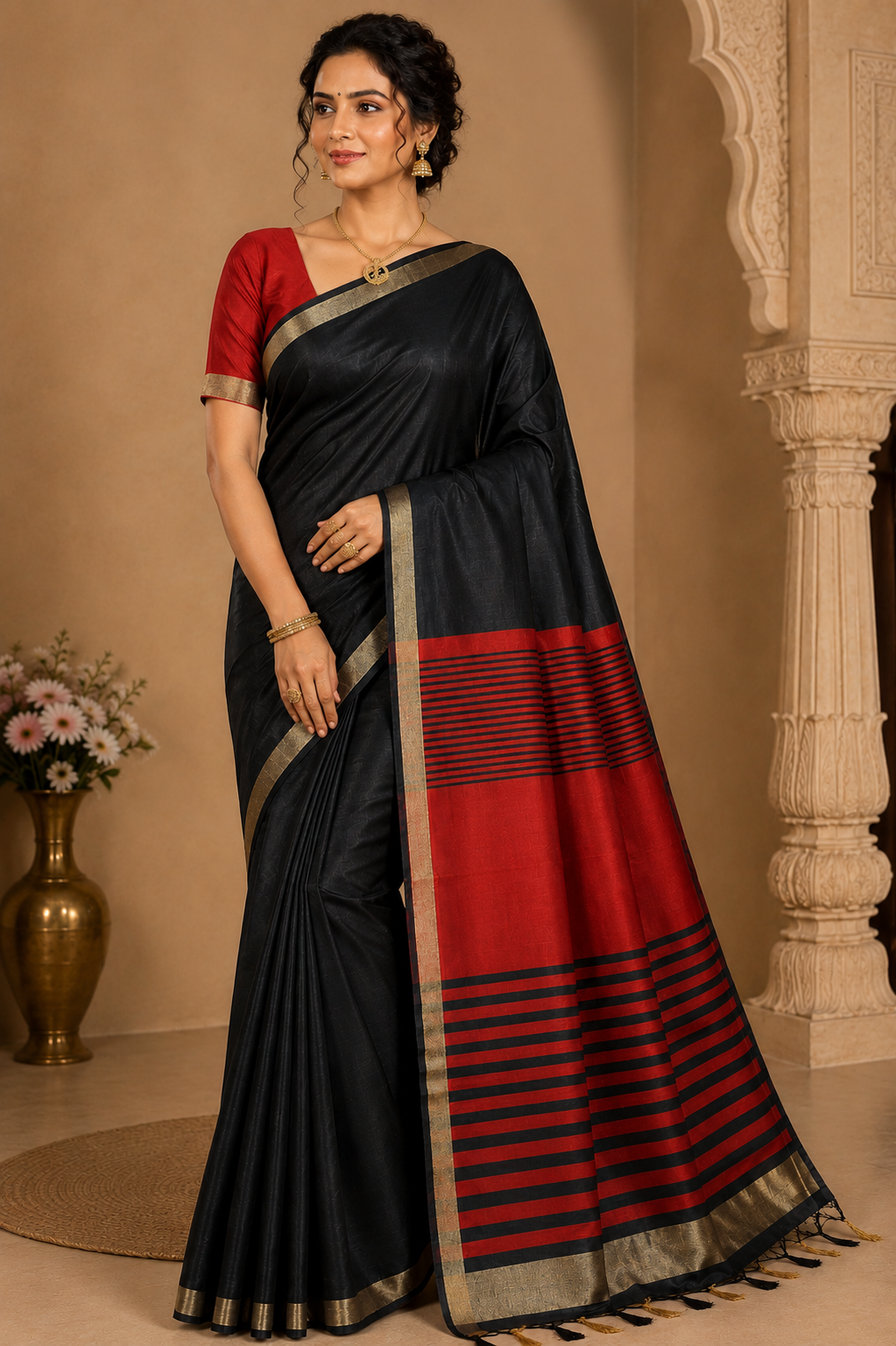 Premium Raw Silk Saree – Midnight Black with Vermilion Red Striped Pallu