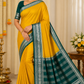 Mysore Silk Saree in Mustard Yellow with Bottle Green Silver Zari Border & Pallu