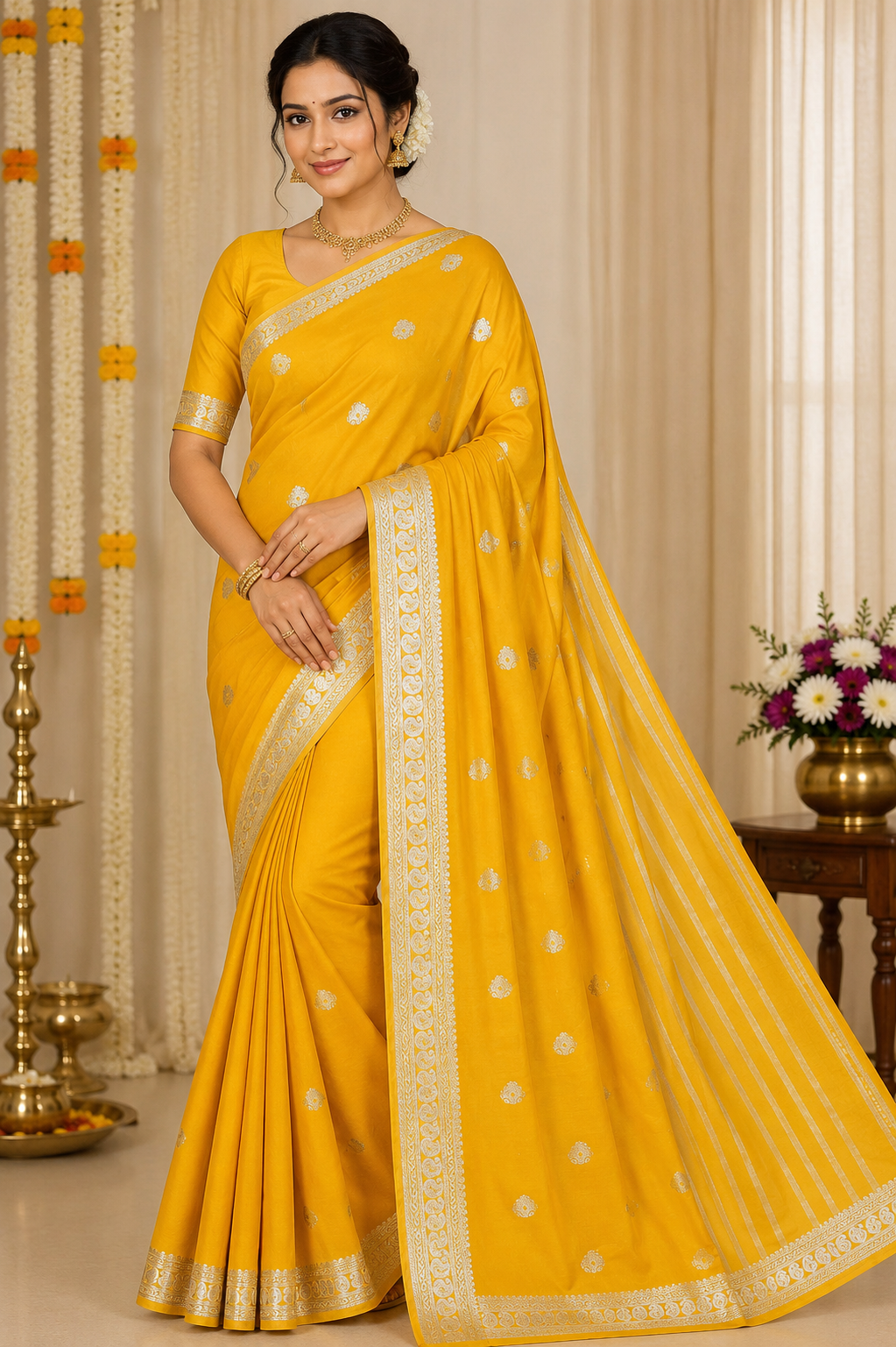Radiant Lemon Yellow Semi Mysore Silk Saree with Silver Zari Buttas & Traditional Border