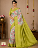 Pure Handloom Silk Pochampally Saree – Floral Ikat Body with Parrot Green Pallu