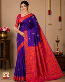 Pure Handloom Silk Pochampally Saree – Royal Violet with Coral Floral Ikat Pallu