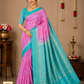 Pure Handloom Silk Pochampally Saree – Pink Floral Body with Aqua Green Contrast Pallu