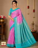 Pure Handloom Silk Pochampally Saree – Pink Floral Body with Aqua Green Contrast Pallu