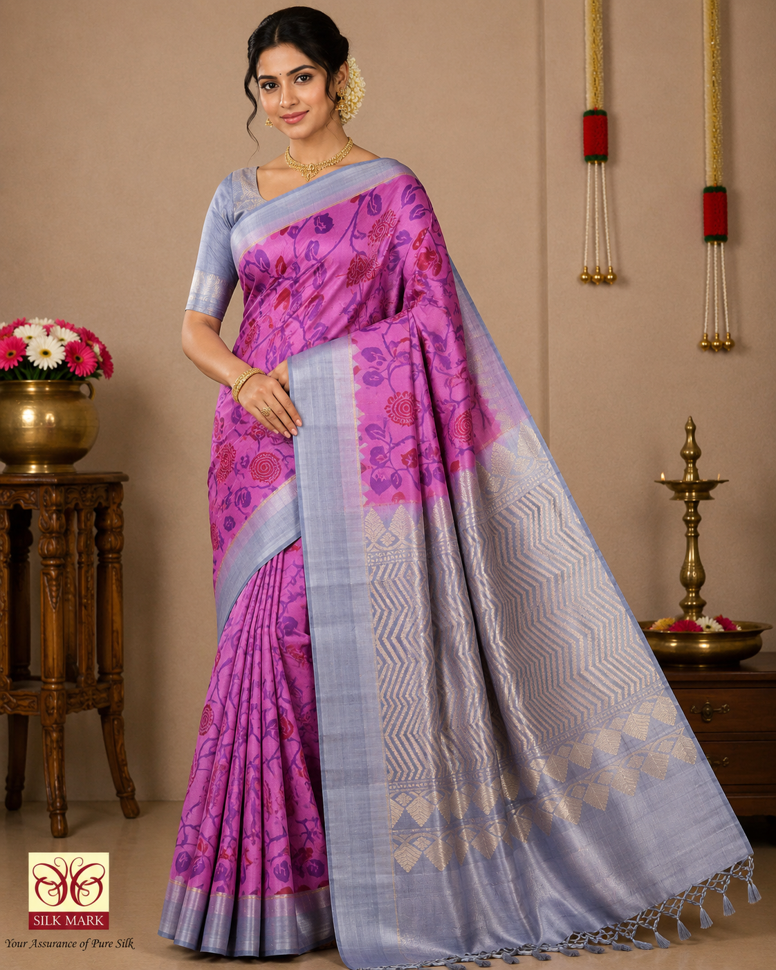 Pure Handloom Silk Pochampally Saree – Orchid Pink Floral Ikat with Silver Grey Pallu
