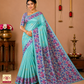 Pure Handloom Silk Pochampally Saree – Aqua Mint Green with Floral Ikat Grey Pallu