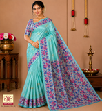 Pure Handloom Silk Pochampally Saree – Aqua Mint Green with Floral Ikat Grey Pallu