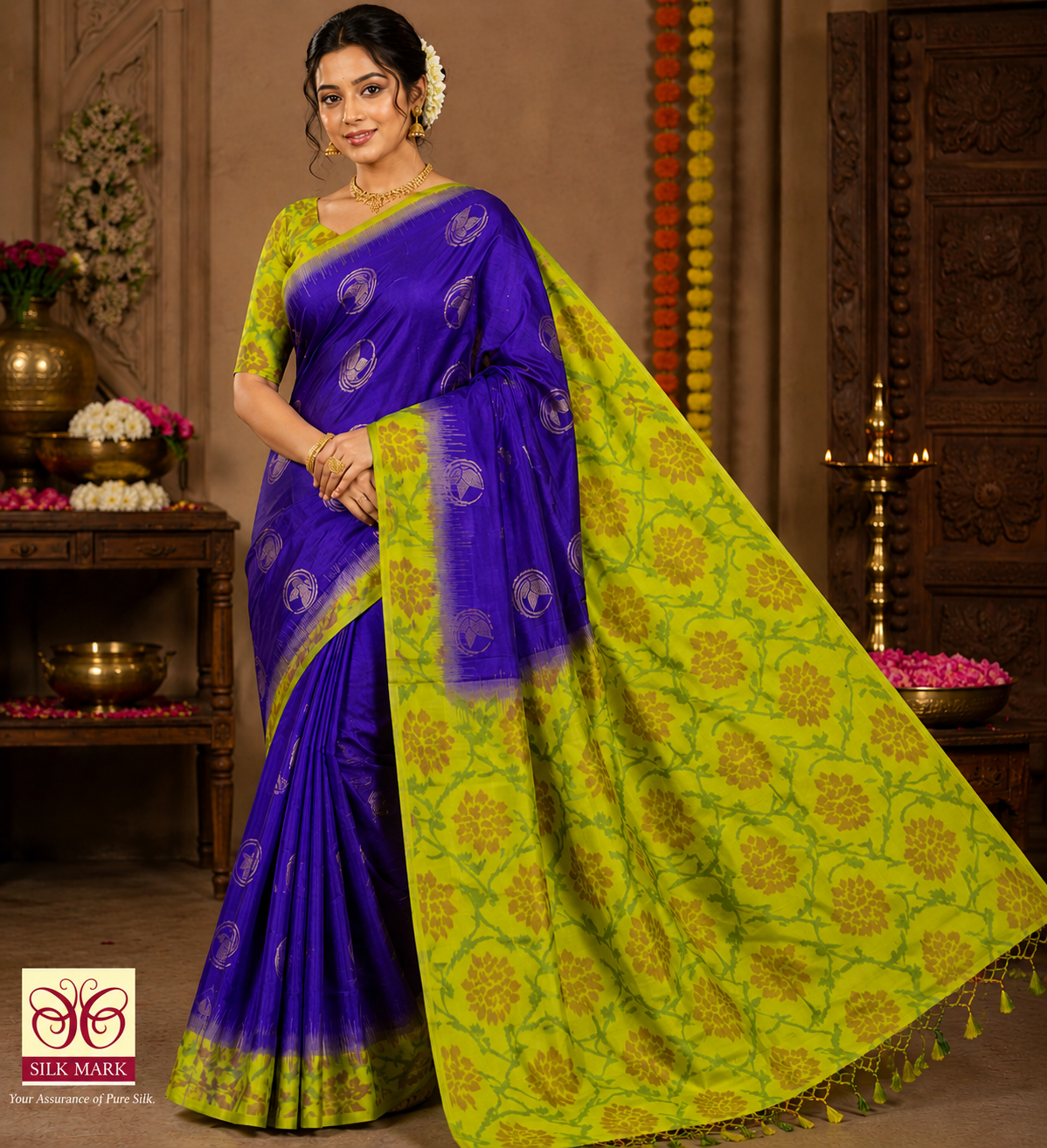 Pure Handloom Silk Pochampally Saree – Royal Purple with Lime Yellow Floral Ikat Pallu