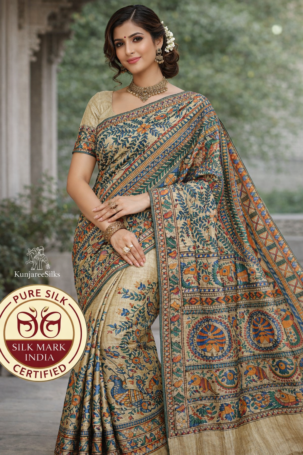Pure Tussar Ghicha Silk Saree with Madhubani Hand Painting