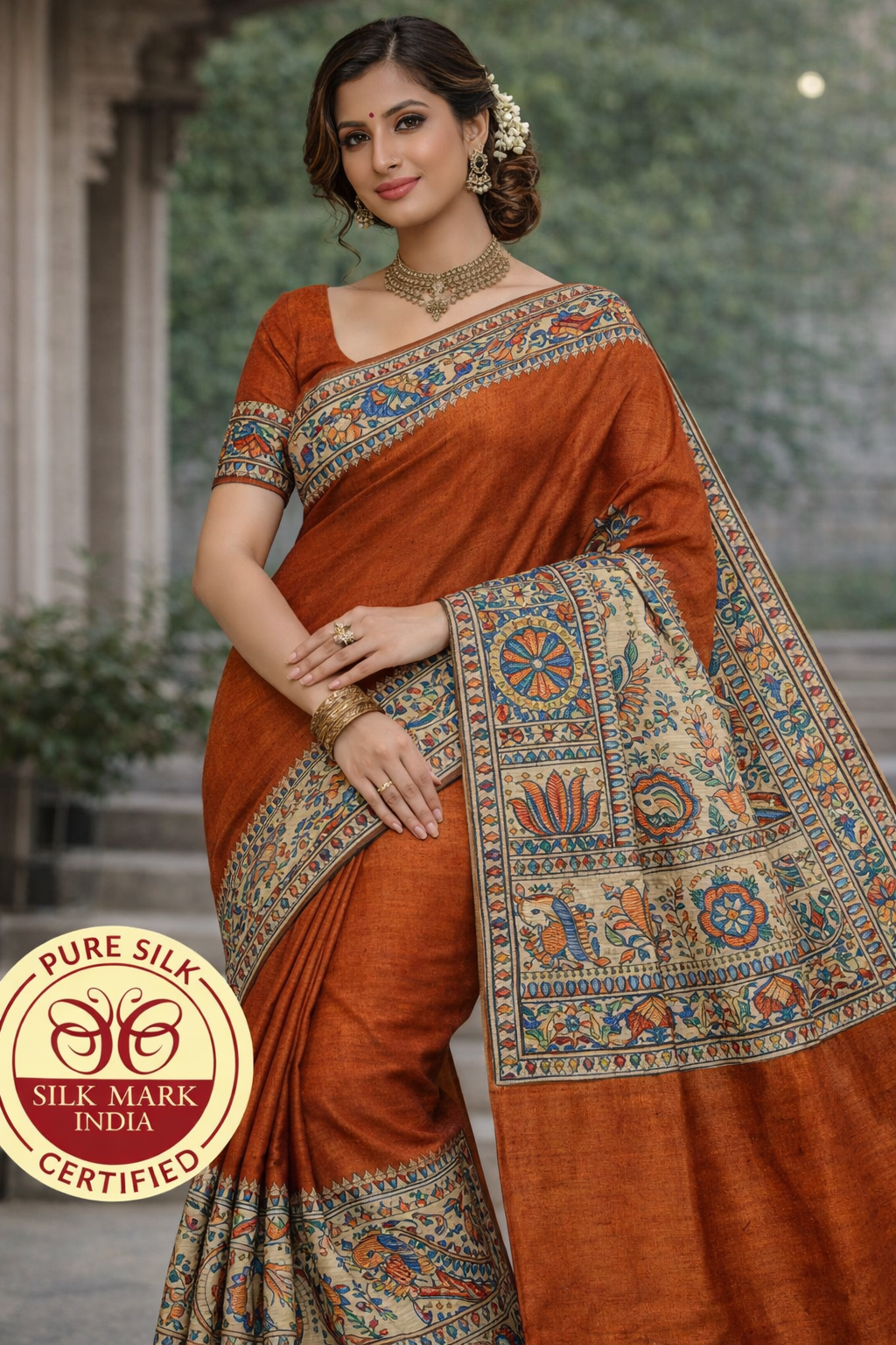Rust-brown Pure Tussar Silk Saree with Madhubani Hand Painting