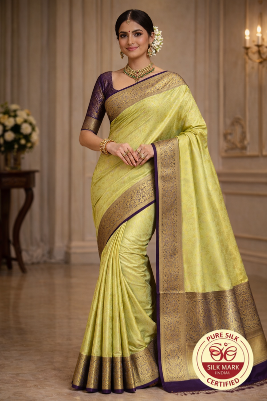 Elegant Lime Green Handloom Pure Kanjivaram Silk Saree