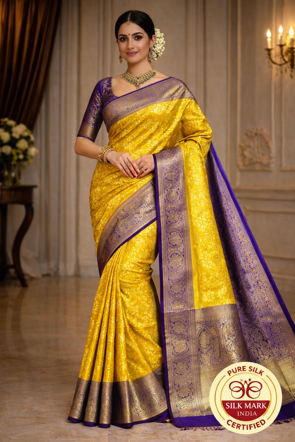 Royal Mustard Yellow Pure Kanjivaram Silk Saree with Violet Zari Border