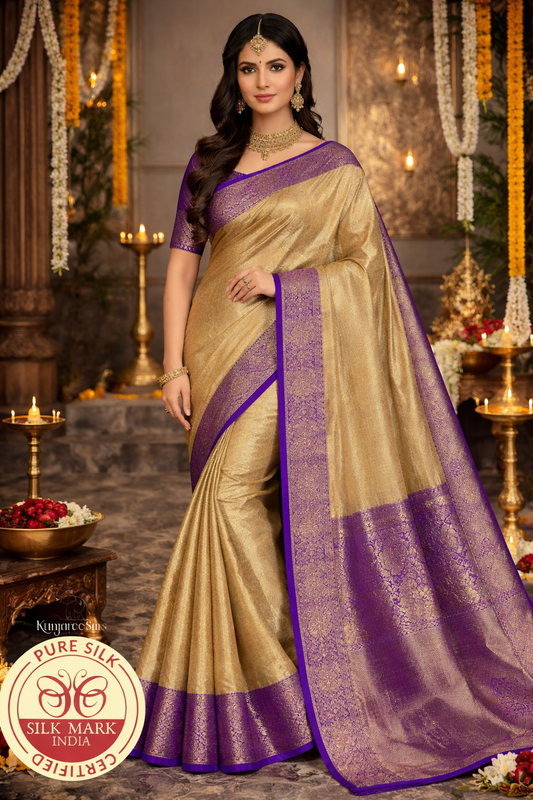 Tissue Gold & Royal Violet Pure Kanjivaram Handloom Silk Saree