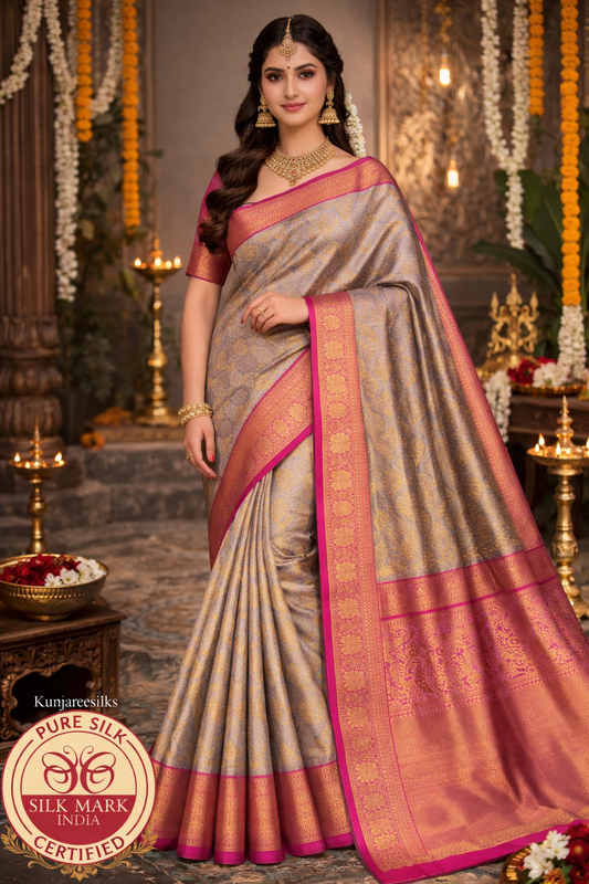 Antique Gold and Purple with Rose Pink Zari Border Pure Kanjivaram Handloom Silk Saree