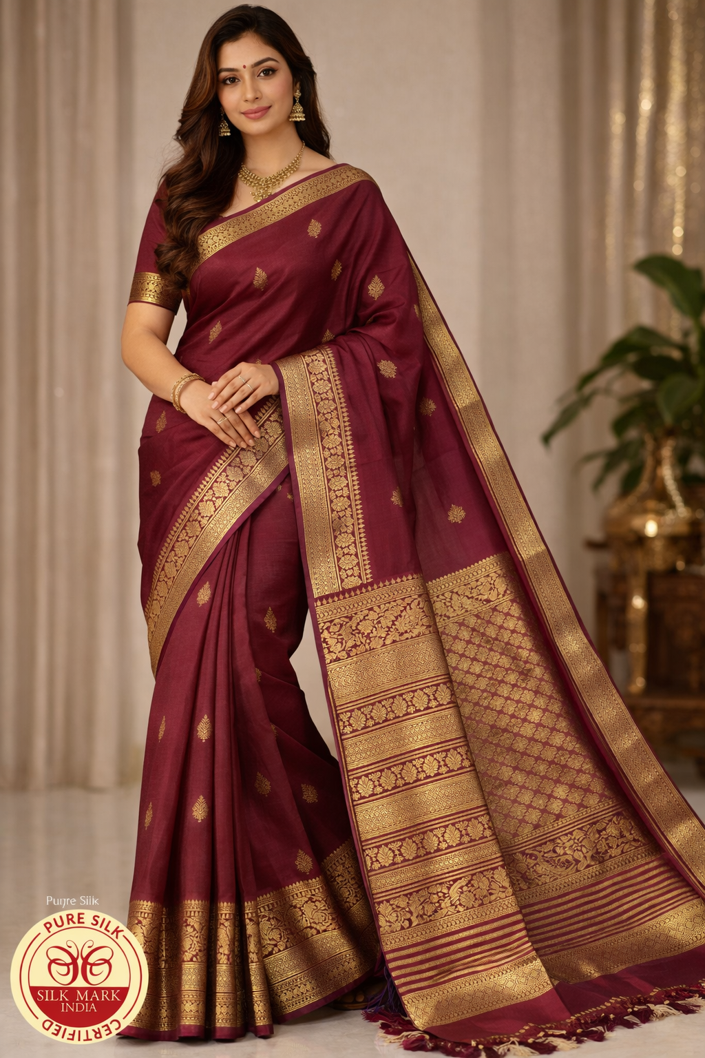 Handloom Pure Kanjivaram Silk Saree – Regal Maroon with Rich Gold Zari
