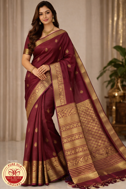 Handloom Pure Kanjivaram Silk Saree – Regal Maroon with Rich Gold Zari