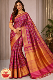 Red Wine Silver with Gold Color Kanjivaram Pure Silk Saree
