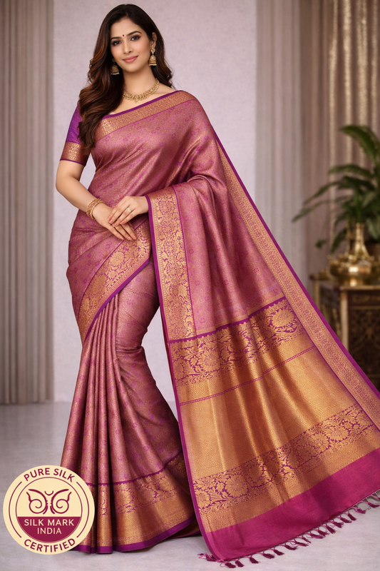 Elegant Rose Pink & Violet Pure Kanjivaram Handloom Silk Saree