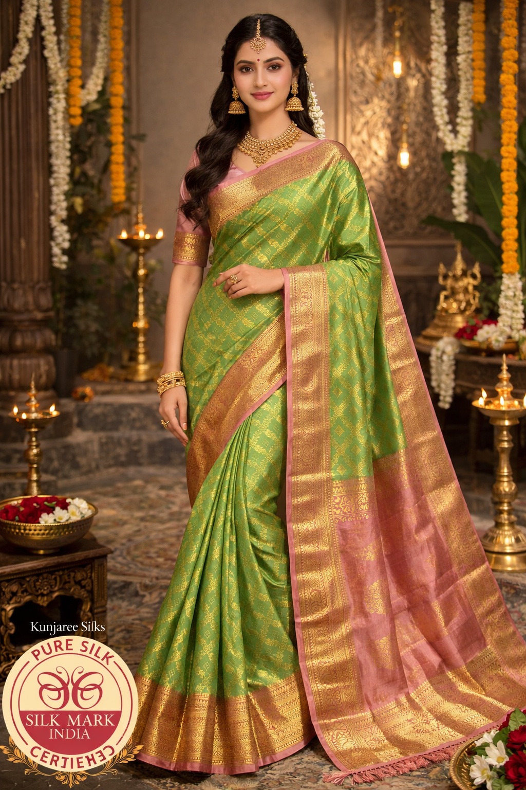 Parrot Green & Antique Gold Bridal Pure Kanjivaram Handloom Silk Saree
