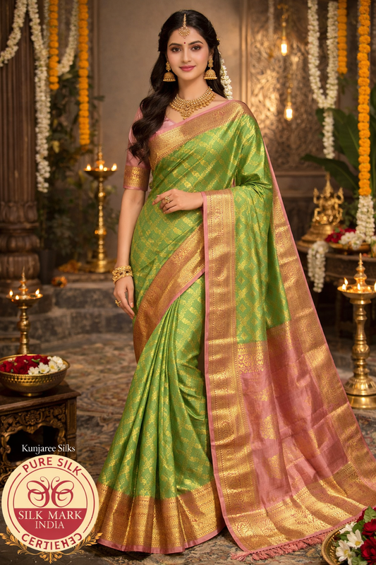 Parrot Green & Antique Gold Bridal Pure Kanjivaram Handloom Silk Saree