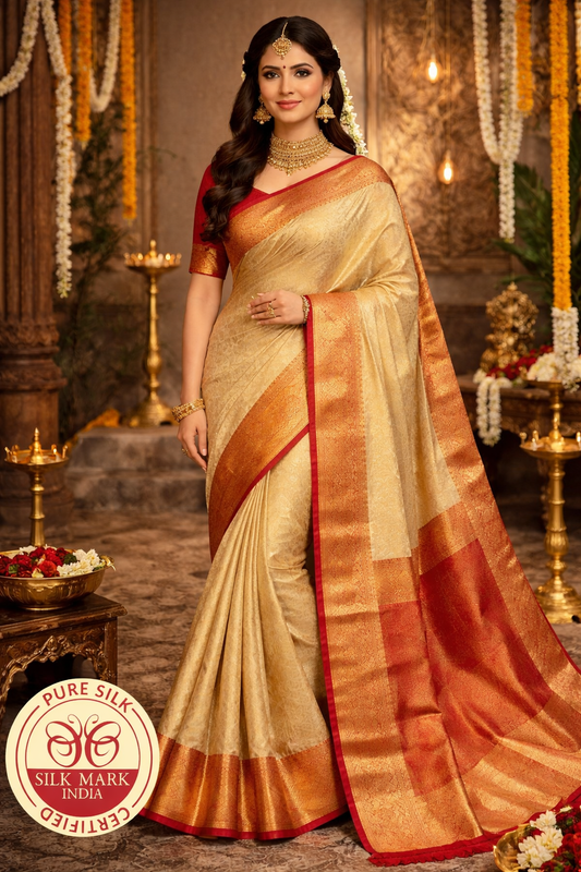 Champagne Gold & Royal Red Bridal Pure Kanjivaram Handloom Silk Saree
