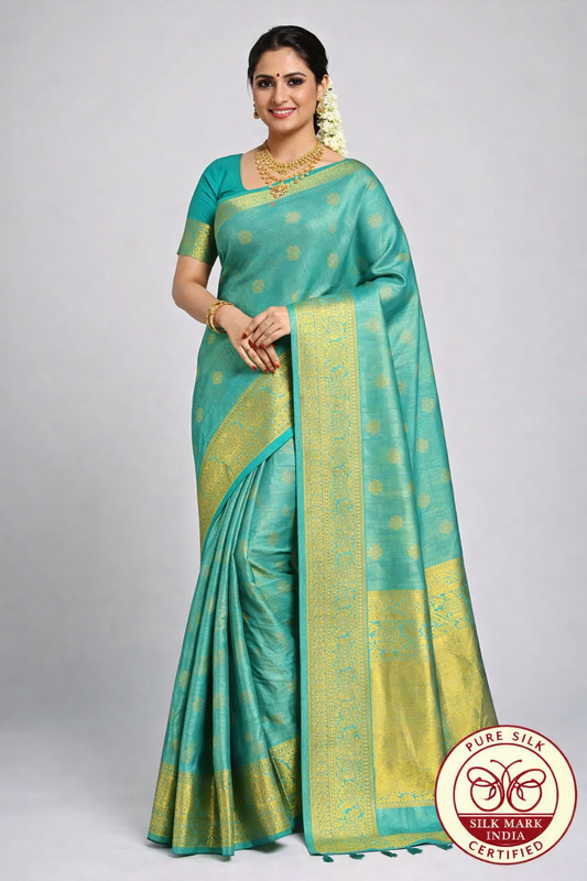 Handloom Pure Kanjivaram Silk Saree – Ocean blue with Rich Gold Zari