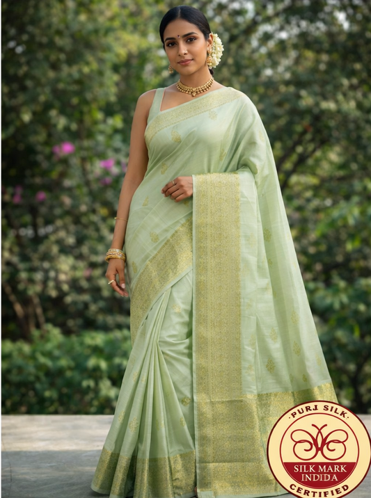 Ivory Green pastel Elegance - Pure Handloom Kanjivaram Silk Saree