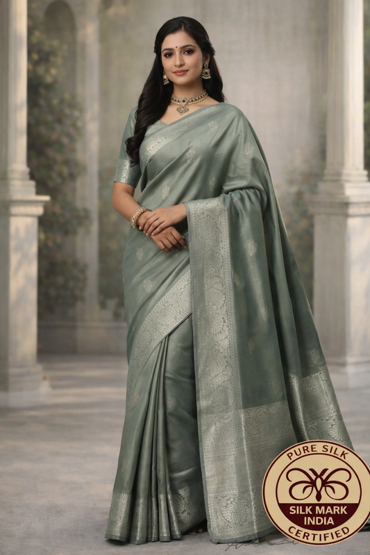 Elegant Sage Green Pure Kanjivaram Silk Saree with Silver Zari