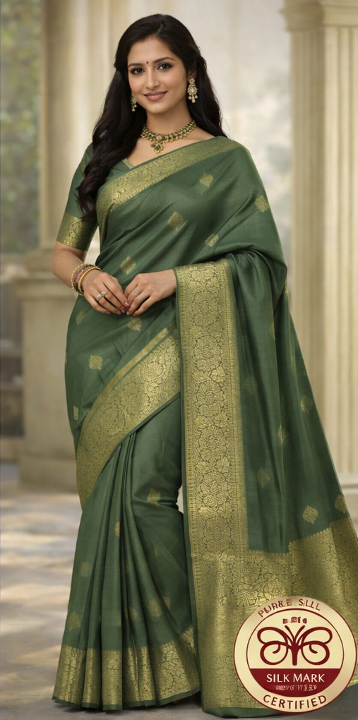 Elegant Olive-Moss Green Pure Kanjivaram Silk Saree with Antique Gold Zari