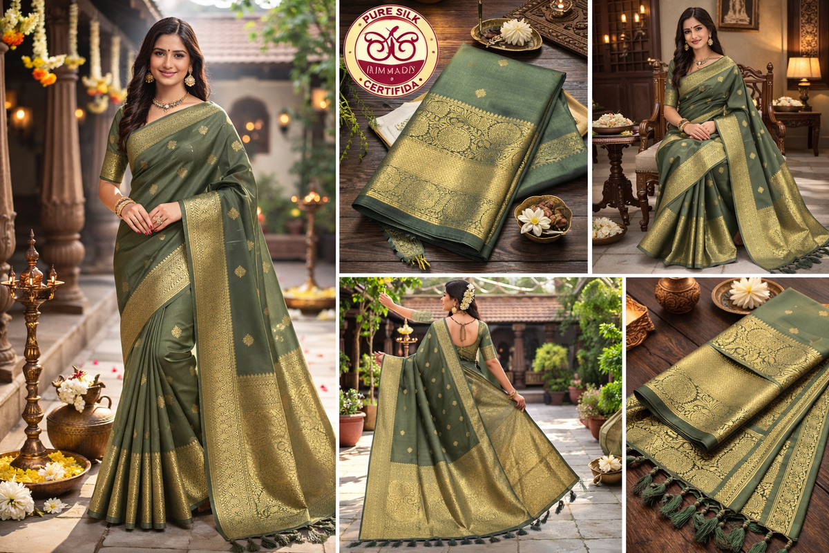 Elegant Olive-Moss Green Pure Kanjivaram Silk Saree with Antique Gold Zari