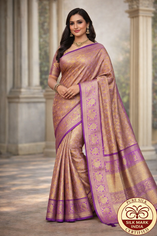 Elegant Gold Tissue Kanjivaram with Royal Violet Accents