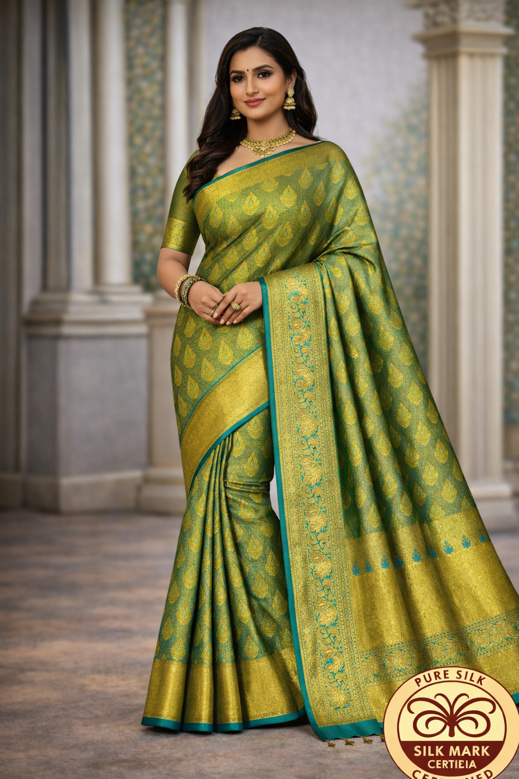 Elegant Olive-Moss Green with Turquoise Zari Accents