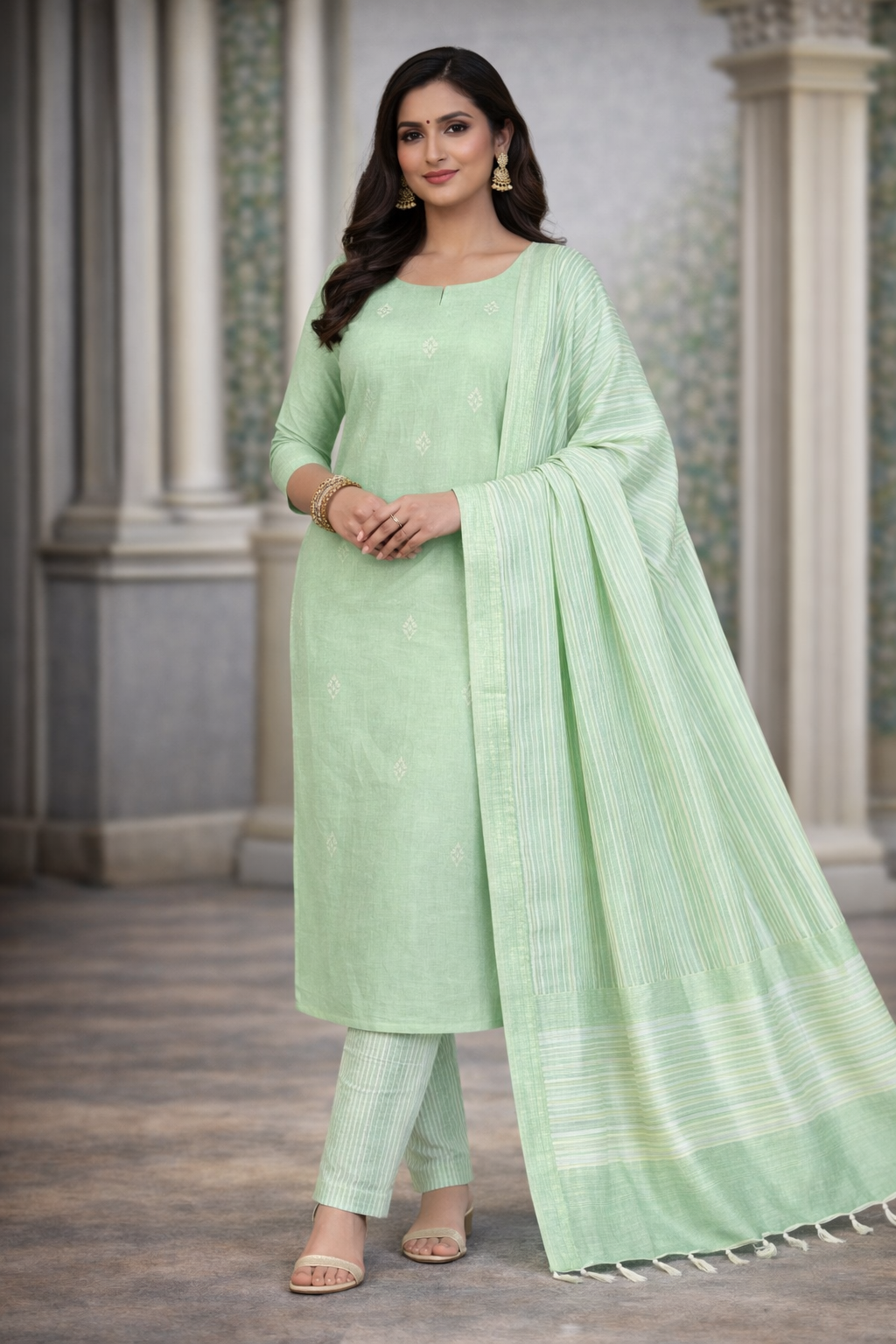 Elegant Pastel Mint Green Silk Cotton Salwar Suit Set with Striped Dupatta.