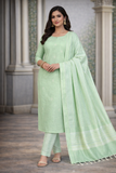 Elegant Pastel Mint Green Silk Cotton Salwar Suit Set with Striped Dupatta.