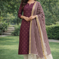 Wine with gold zari butta Silk Cotton Suit Set with Striped Dupatta & Off-White Salwar