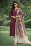 Wine with gold zari butta Silk Cotton Suit Set with Striped Dupatta & Off-White Salwar