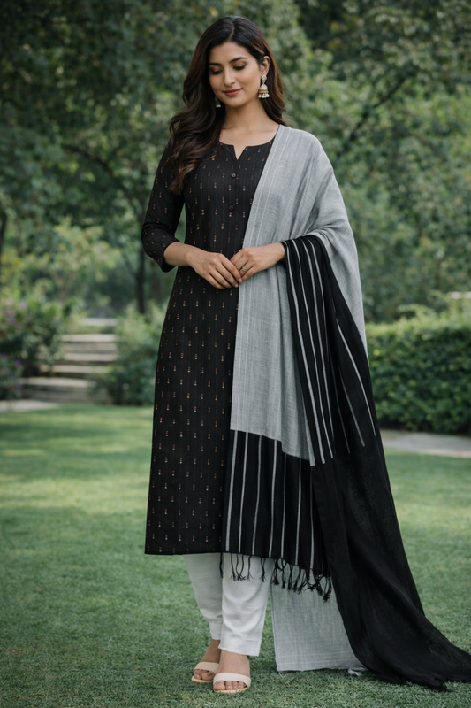 Elegant Black Silk Cotton Suit Set with Subtle Ikkat Lines & Striped Dupatta