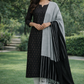 Elegant Black Silk Cotton Suit Set with Subtle Ikkat Lines & Striped Dupatta