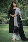 Elegant Black Silk Cotton Suit Set with Subtle Ikkat Lines & Striped Dupatta