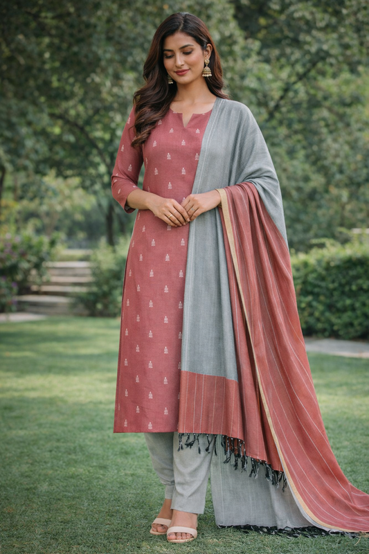 Rose Pink Silk Cotton Suit Set with Minimal Butta & Contrast Dupatta