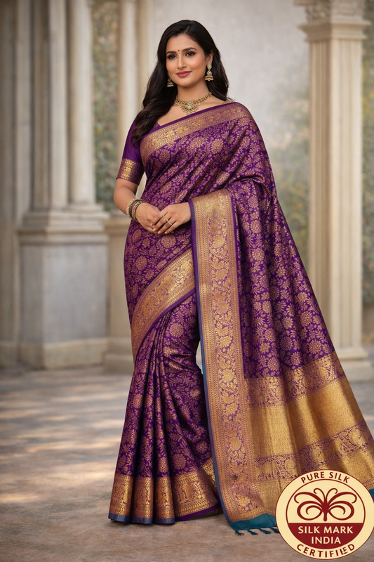 Dual Tone Royal Purple Kanjivaram with Antique Gold Zari