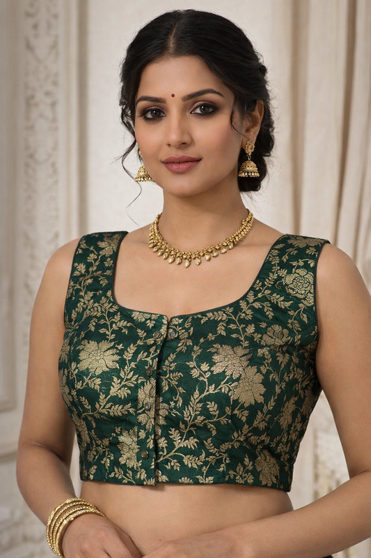 Dark Green Banarasi Brocade Ready-Made Stretchable Blouse (32–42 Size) with Attached Sleeves