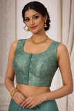 Teal Green Zari Butta Ready-Made Stretchable Blouse (32–42 Size) with Attached Sleeves