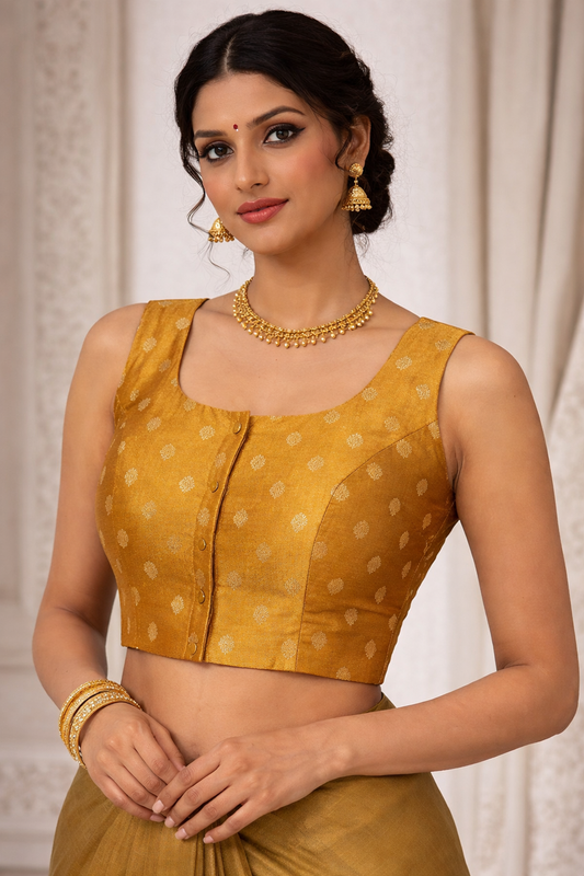 Mustard Gold Zari Butta Ready-Made Stretchable Blouse (32–42 Size) with Attached Sleeves