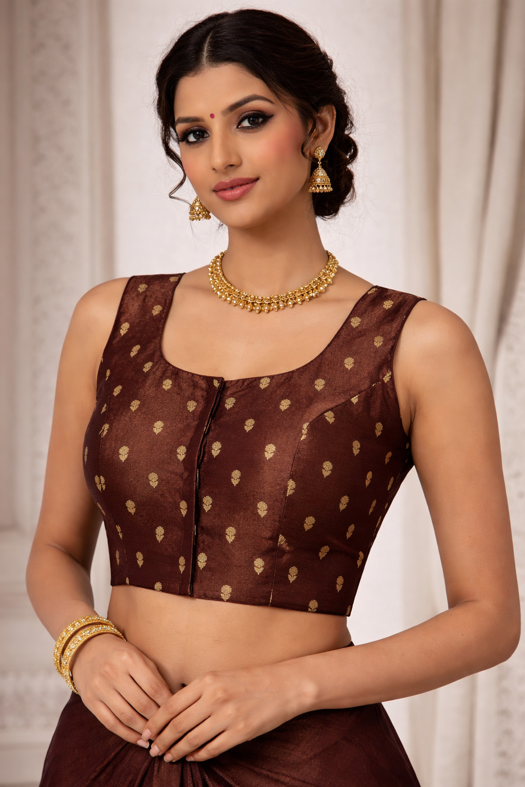 Coffee Brown Zari Butta Ready-Made Stretchable Blouse (32–42 Size) with Attached Sleeves