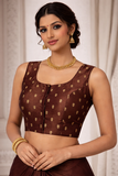 Coffee Brown Zari Butta Ready-Made Stretchable Blouse (32–42 Size) with Attached Sleeves