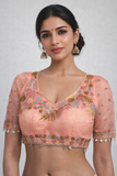 Peach Pink Organza Bridal Readymade Blouse with Pastel Floral Embroidery Sleeves.