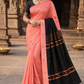 Peach Coral Pink & Black Banana Silk Saree with Thread Butta